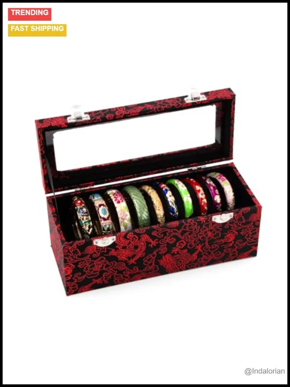 Set of 10 Cloisonne Enamel Bangle Bracelets Flower Engraved Alloy Gift Boxed